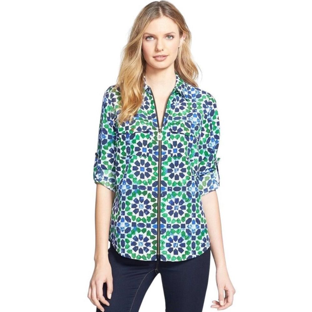 Michael Kors women's Multicolor Geometric Print Zip Up Top Sz Mp